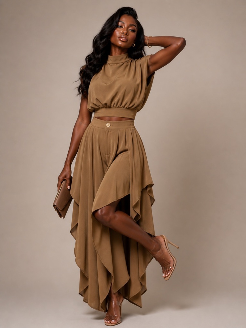 Two-Piece Draped Crop Top & Ruffle Pant  Set